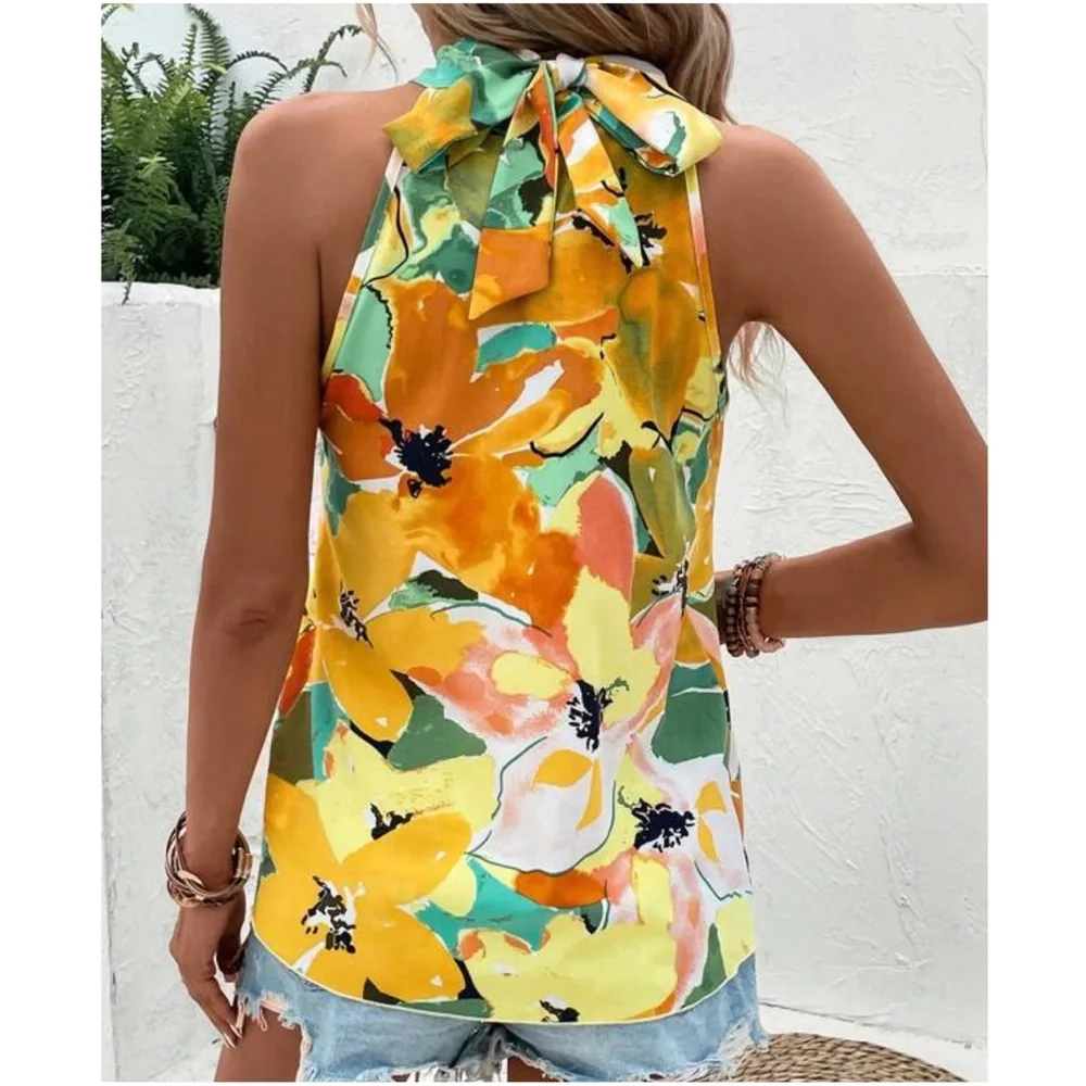 Boho Floral Print Halter Tank Top - Picture 3 of 3